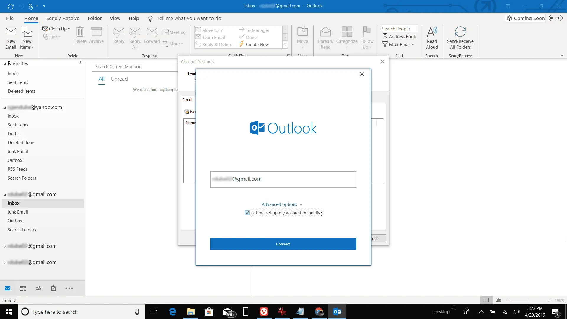 Captura de tela da adição de uma nova conta POP do gmail no Outlook