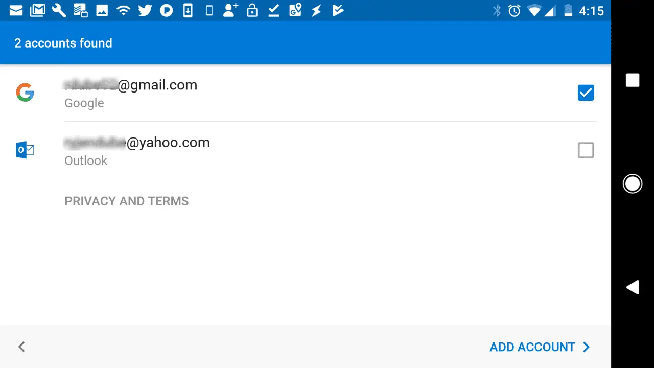 Captura de tela da tela de contas de e-mail móvel do Outlook