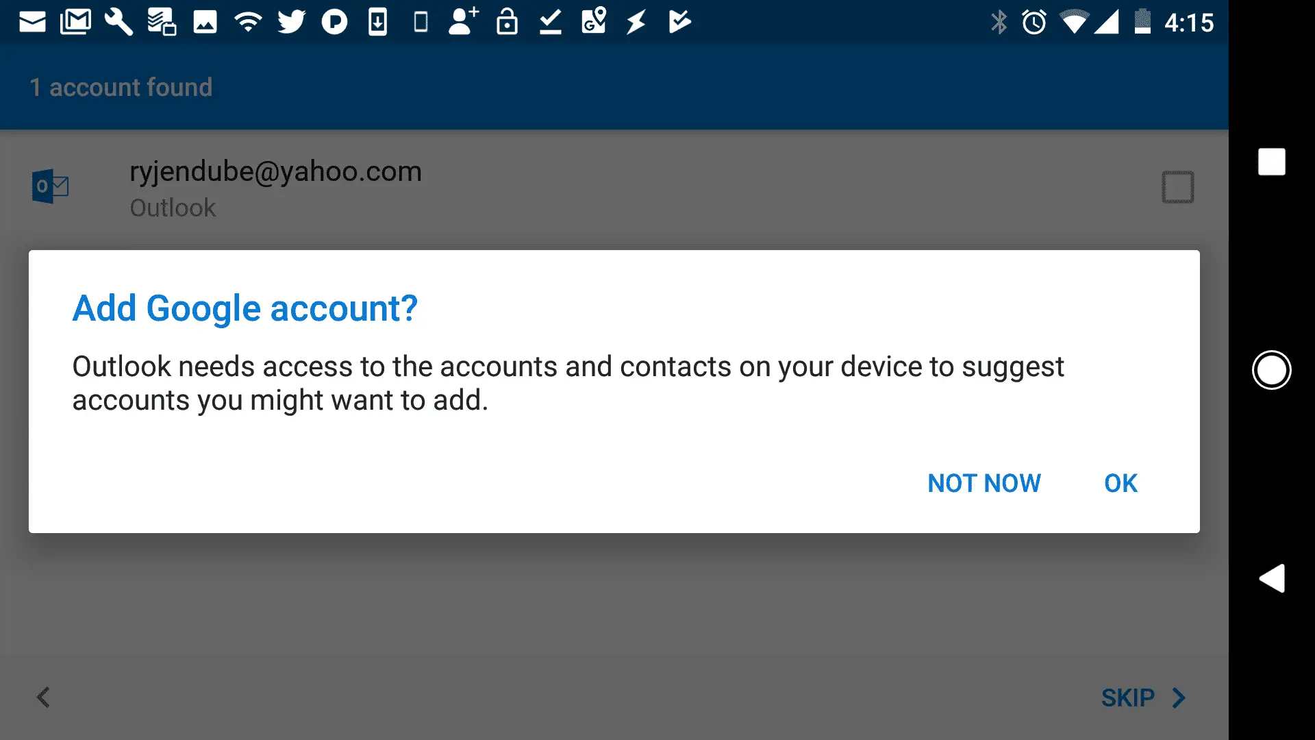Captura de tela do Outlook solicitando acesso à conta do Google