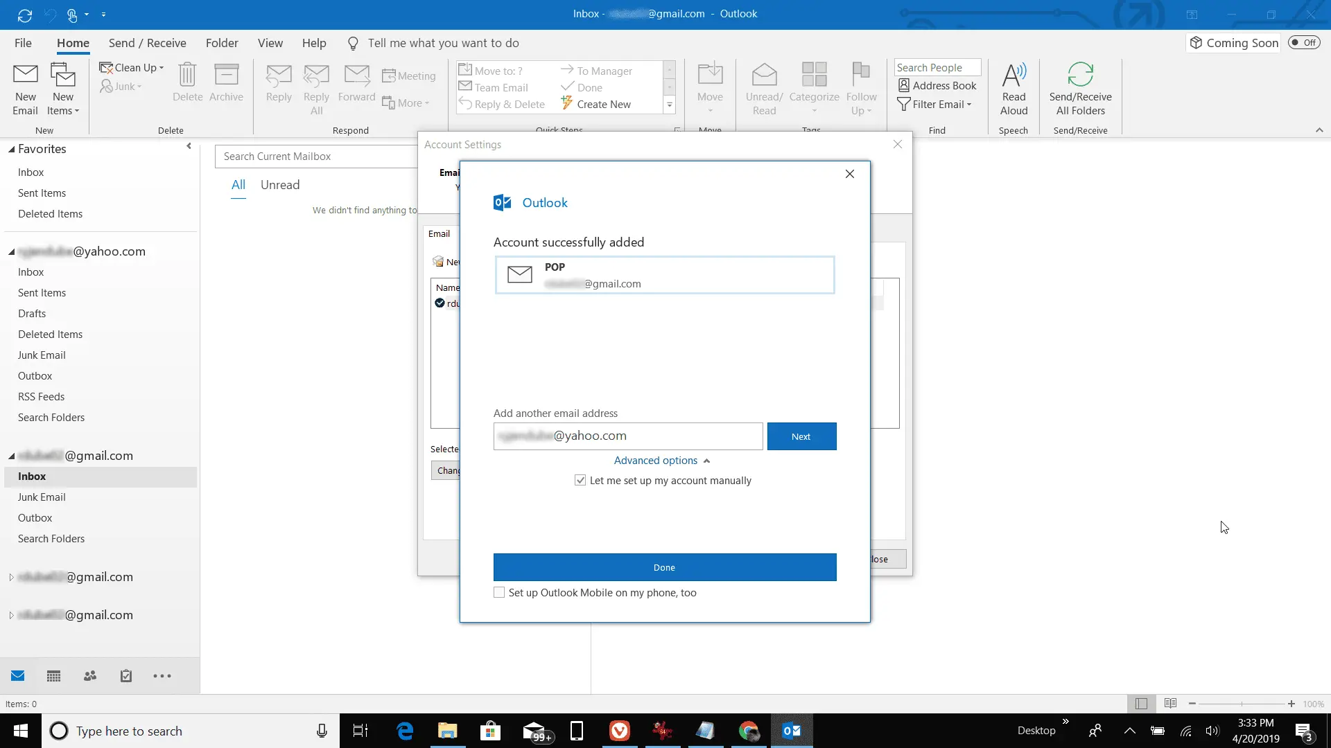 Captura de tela de uma conta POP conectada com sucesso no Outlook