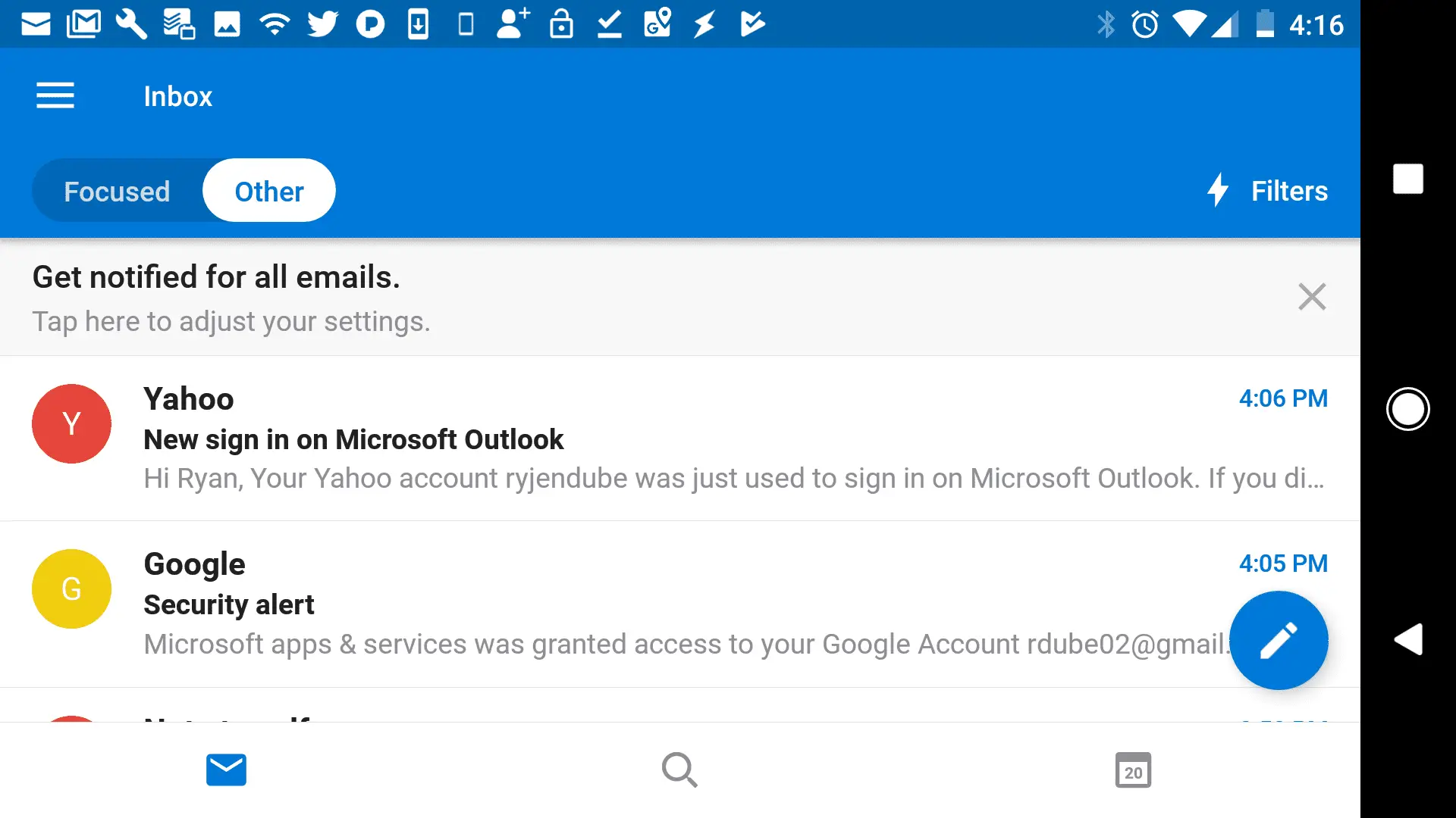 Captura de tela da visualização de e-mails do Gmail no aplicativo móvel Outlook