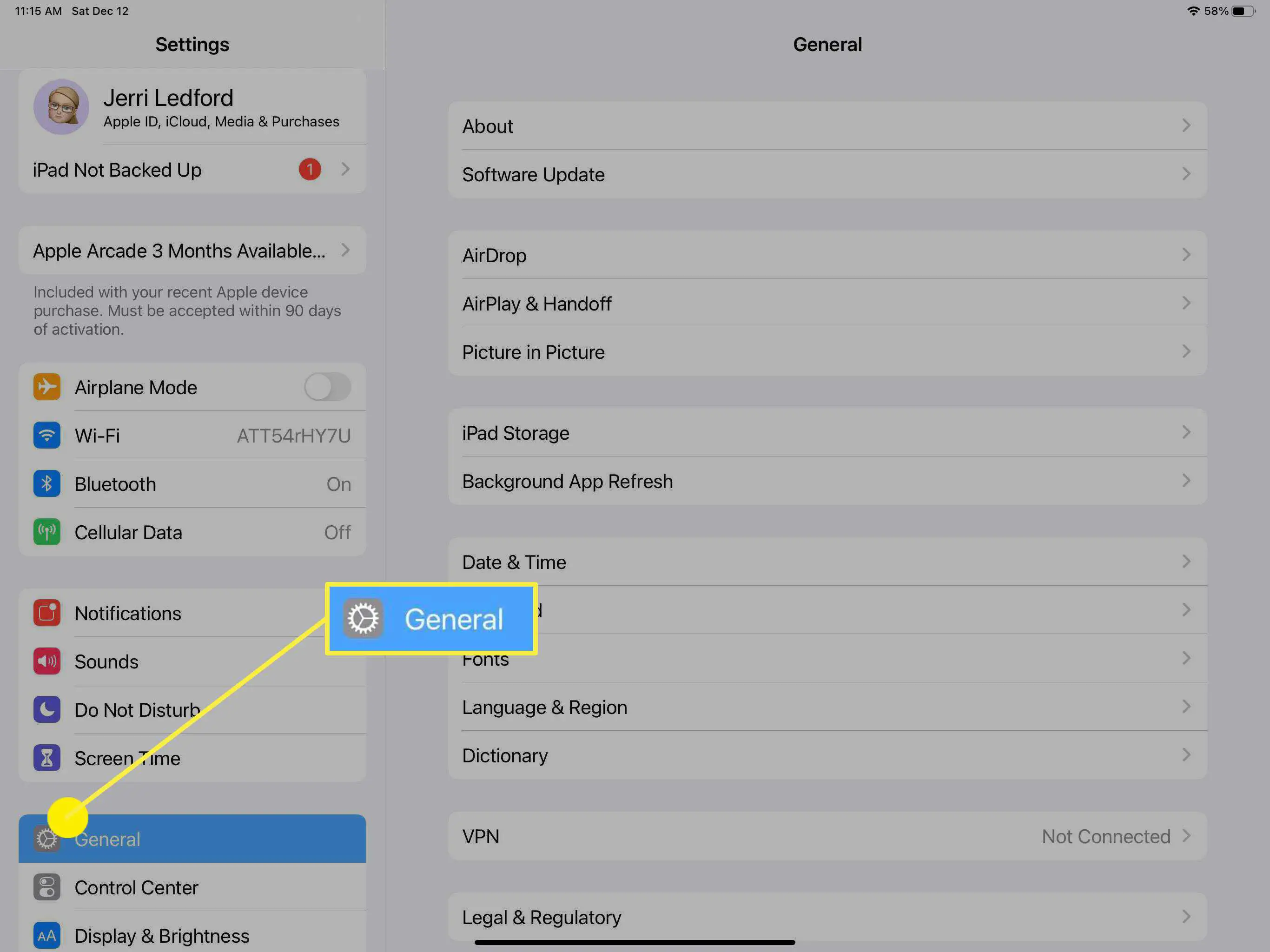Captura de tela da opção Geral nas configurações do iPad.