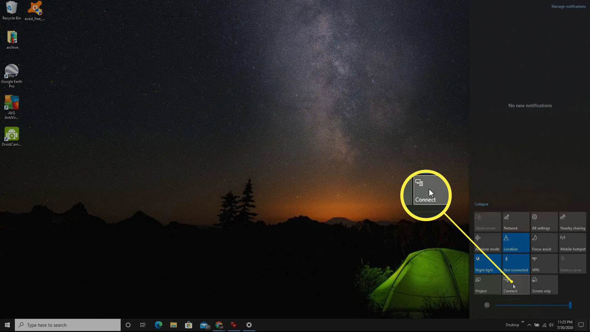 Captura de tela de conexão com o Windows 10 habilitado via Miracast.