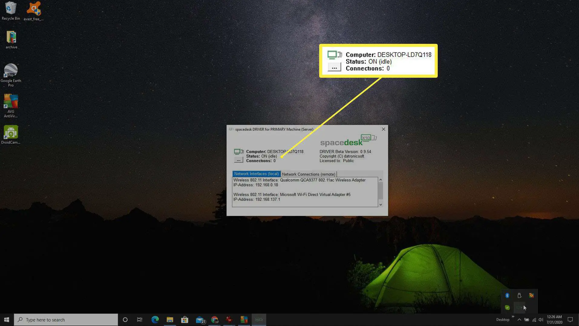 Captura de tela do software do driver Spacedesk instalado.