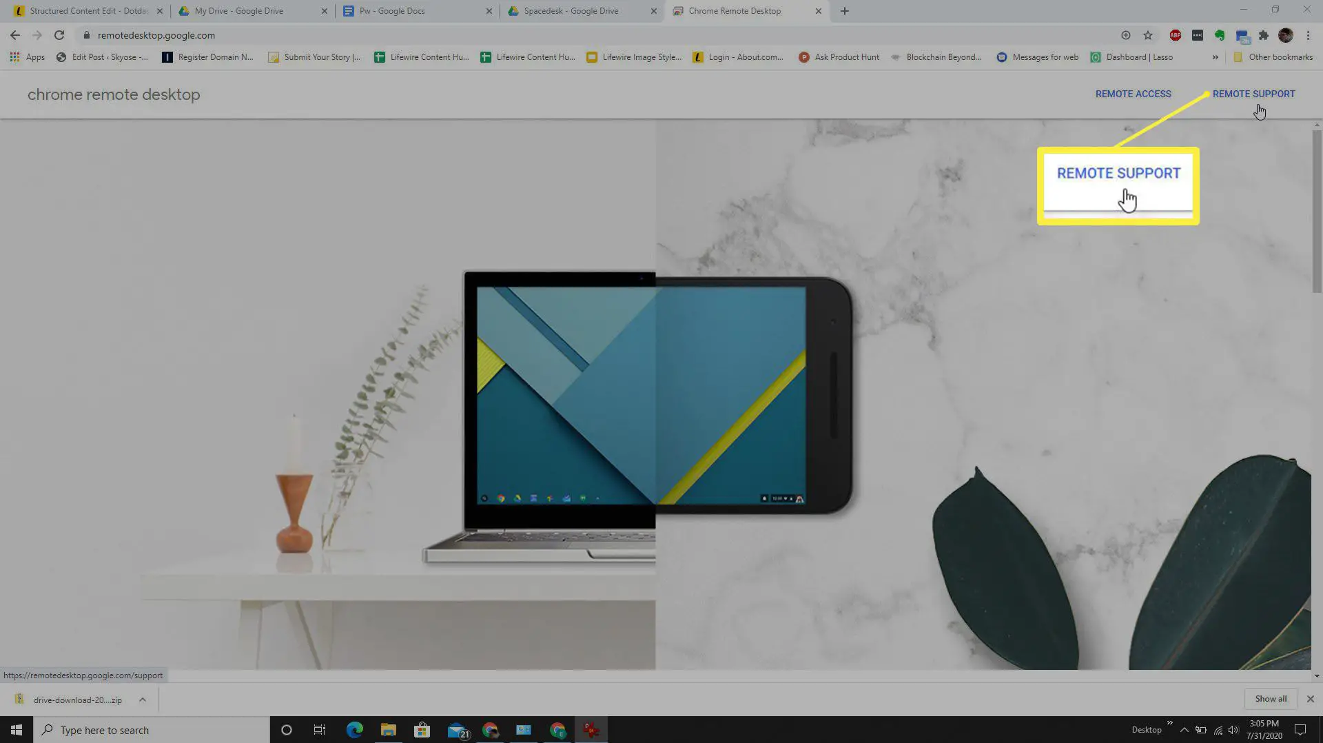 Captura de tela do link de suporte remoto no Google Remote Desktop.