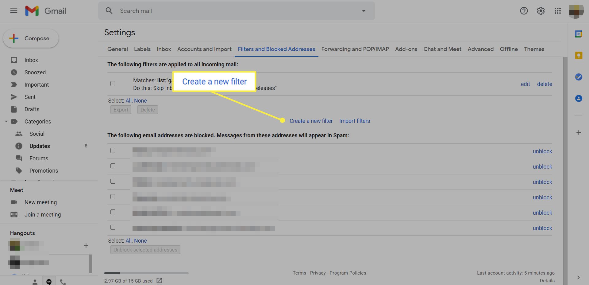 Configurações do Gmail com 'Criar um novo filtro' realçado
