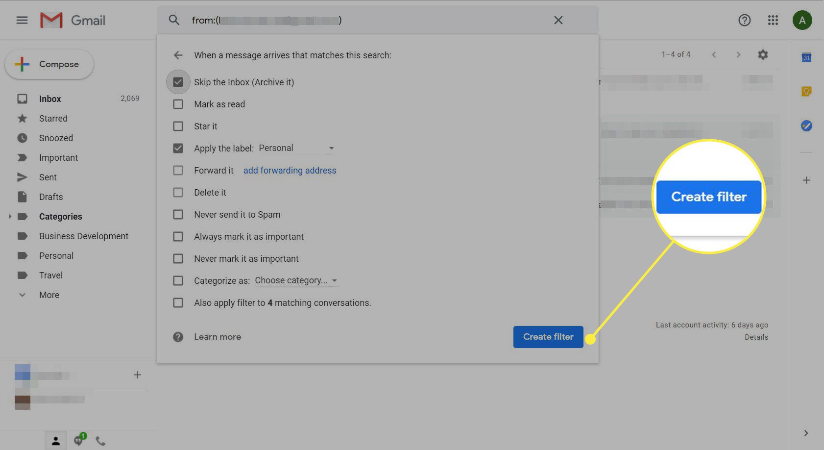 Uma captura de tela do Gmail com o botão Criar filtro destacado