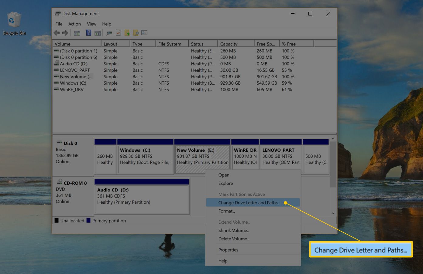 Alterar letra de unidade e caminhos ... clique com o botão direito do mouse no item de menu no aplicativo Windows 10 Disk Management