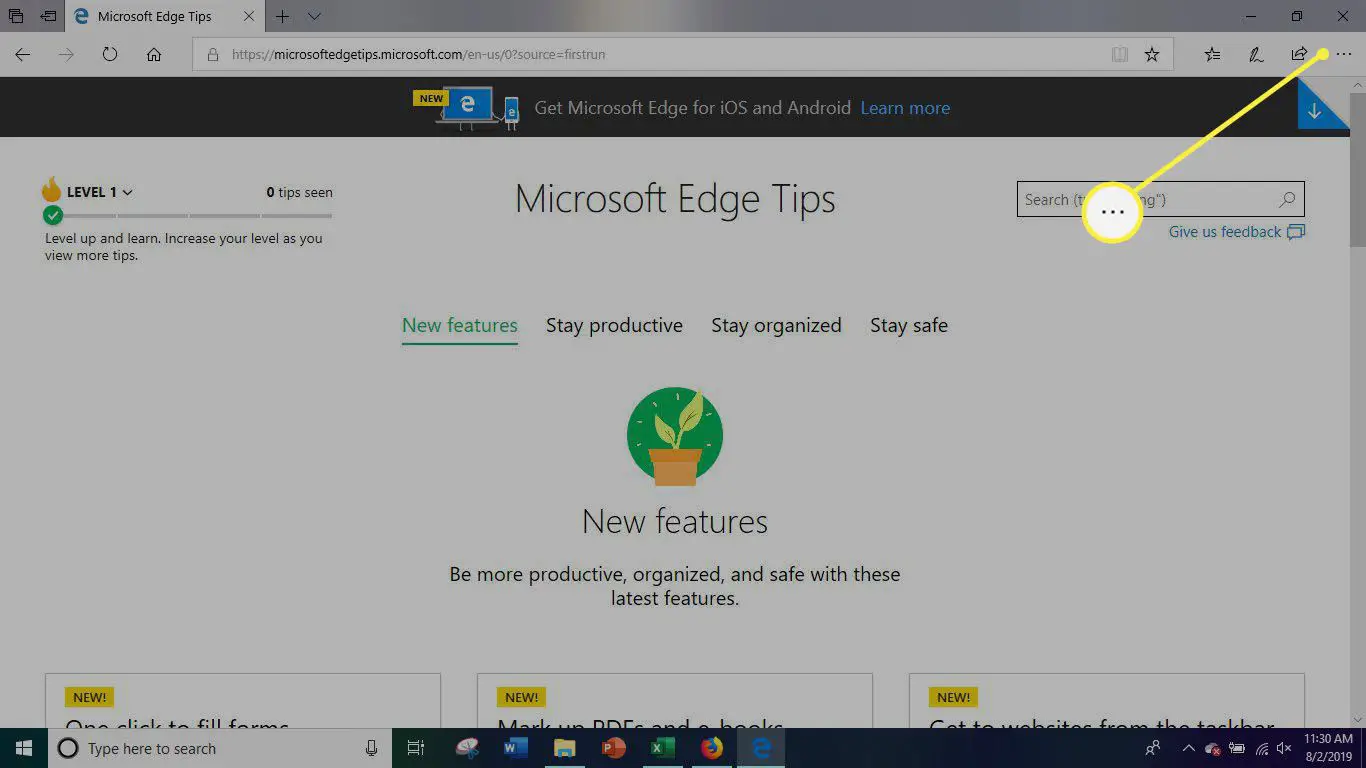 Menu de opções do Microsoft Edge