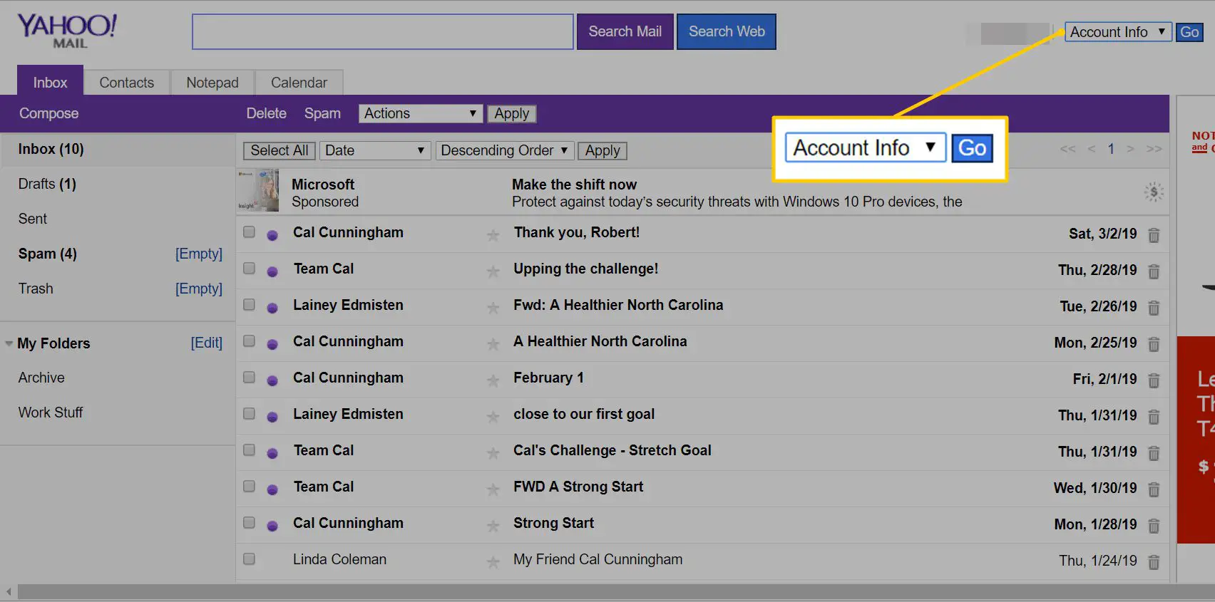 Menu de informações da conta no Yahoo Mail Basic