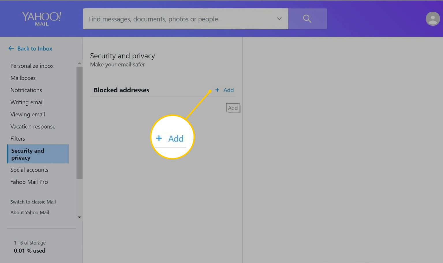 Adicionar botão na página de remetentes bloqueados do Yahoo Mail