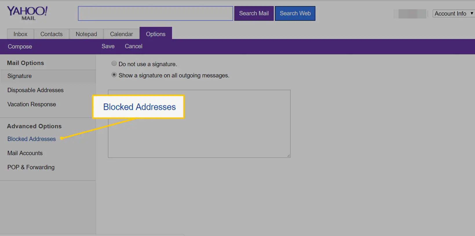 Link Endereços bloqueados na página da web do Yahoo Mail Basic