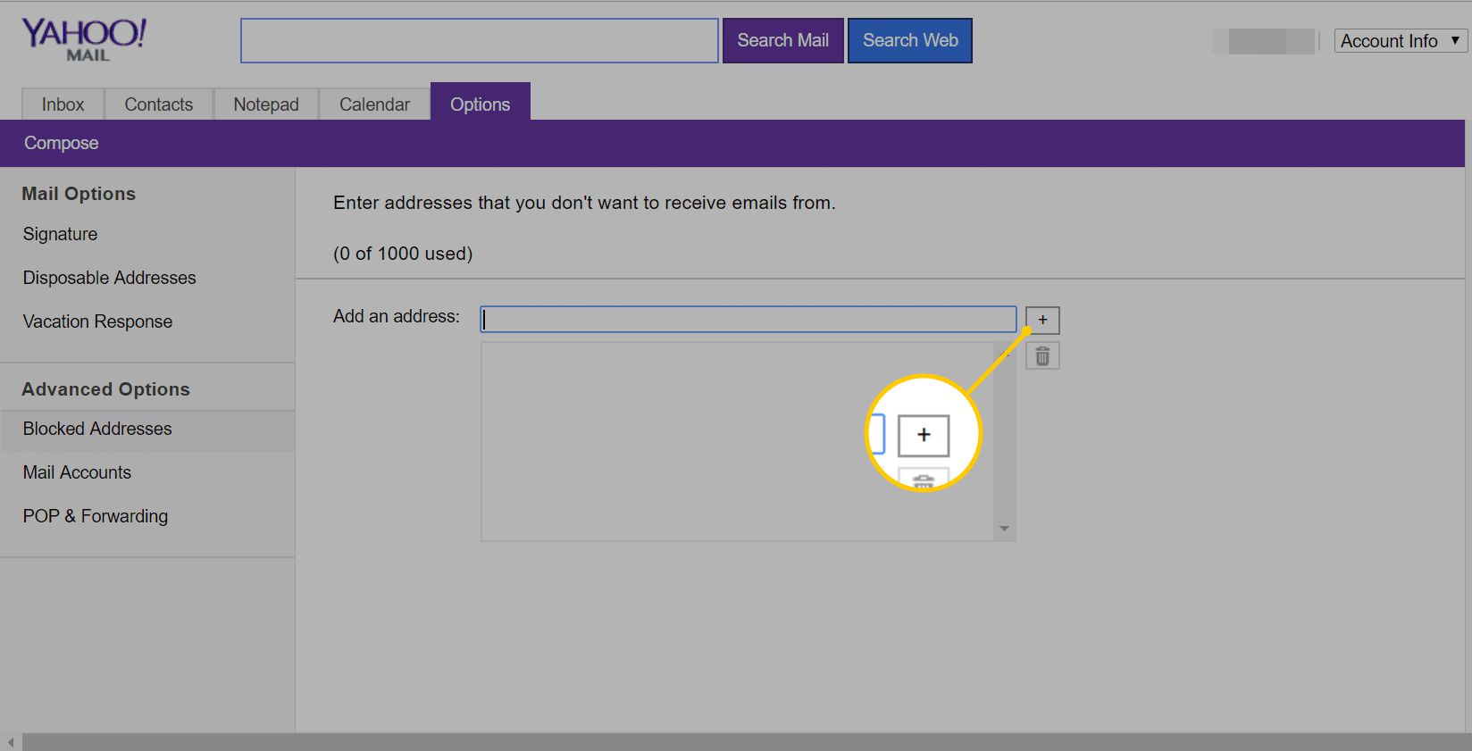 Sinal de mais para adicionar um endereço de e-mail bloqueado na página do Yahoo Mail Basic