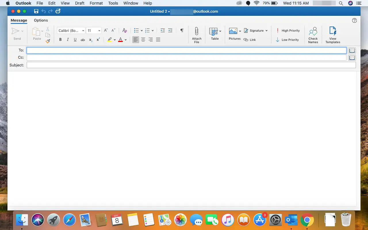 Uma nova mensagem de e-mail no Outlook para Mac.