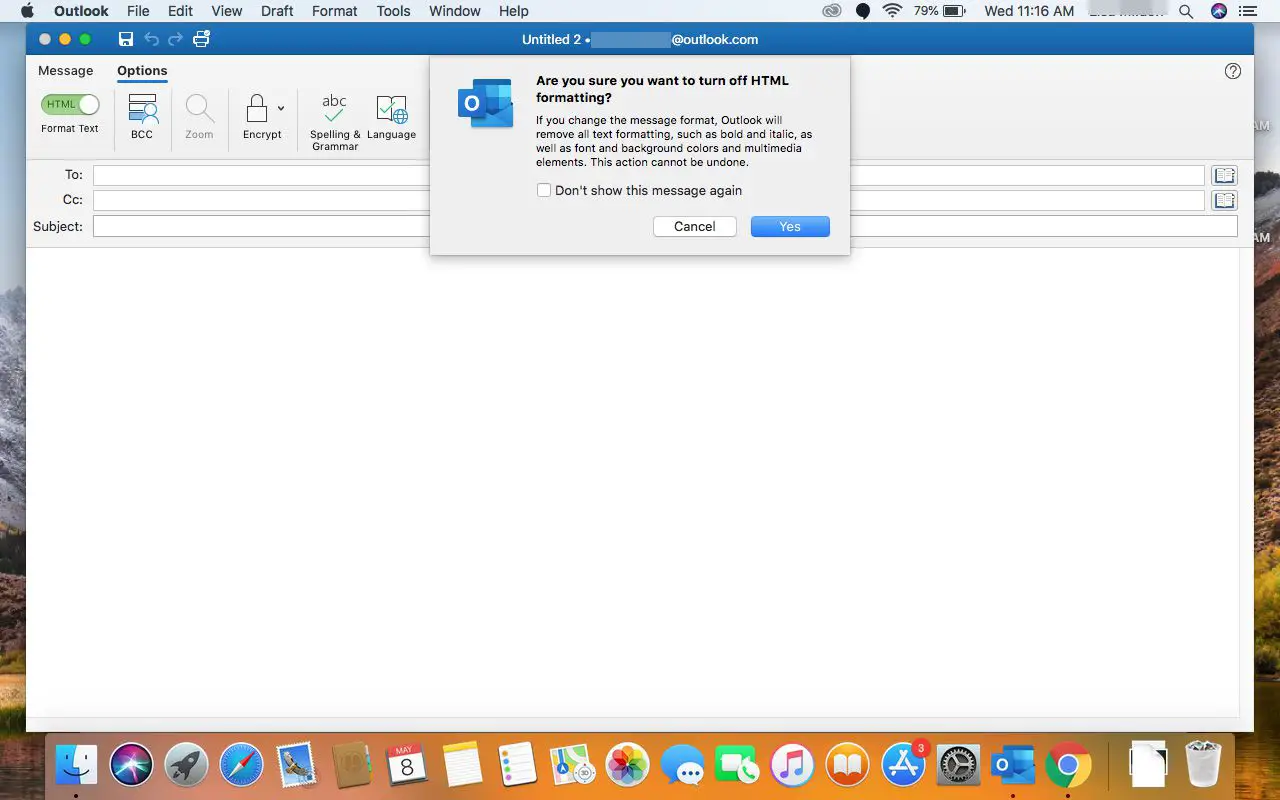 Um aviso sobre como mudar para texto simples no Outlook para Mac.