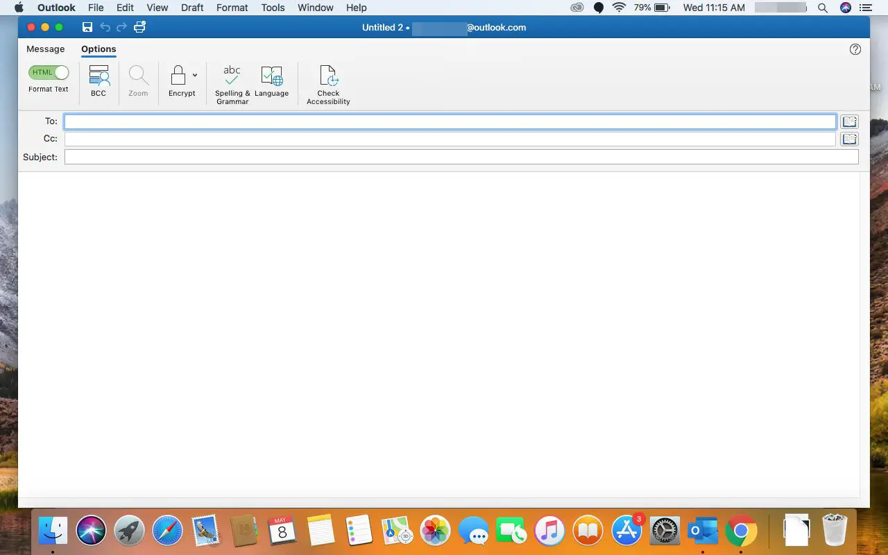 Visualizando a guia de opções no Outlook para Mac.