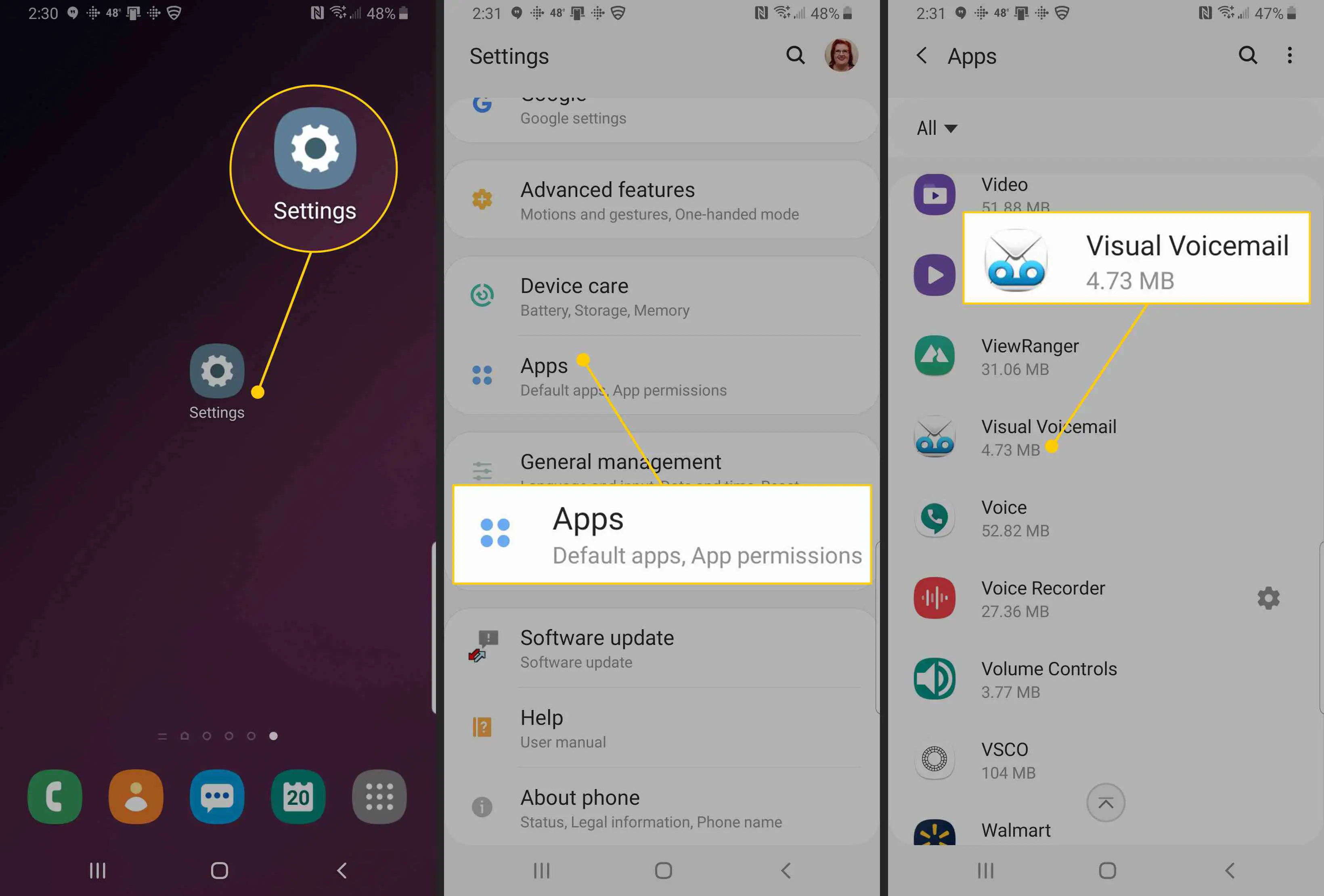 Configurações, aplicativos, correio de voz visual no Android