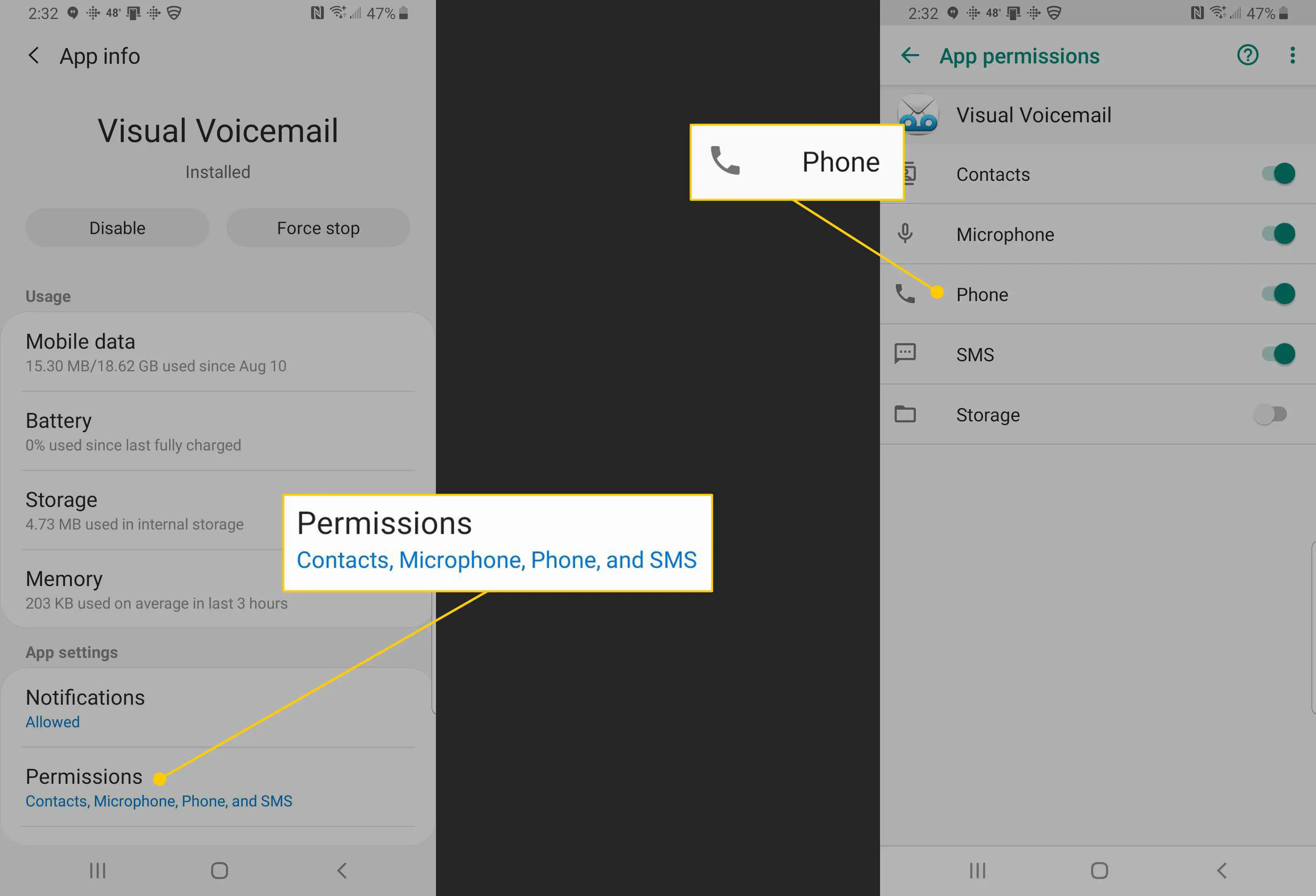 Permissões, ícone do telefone no Android
