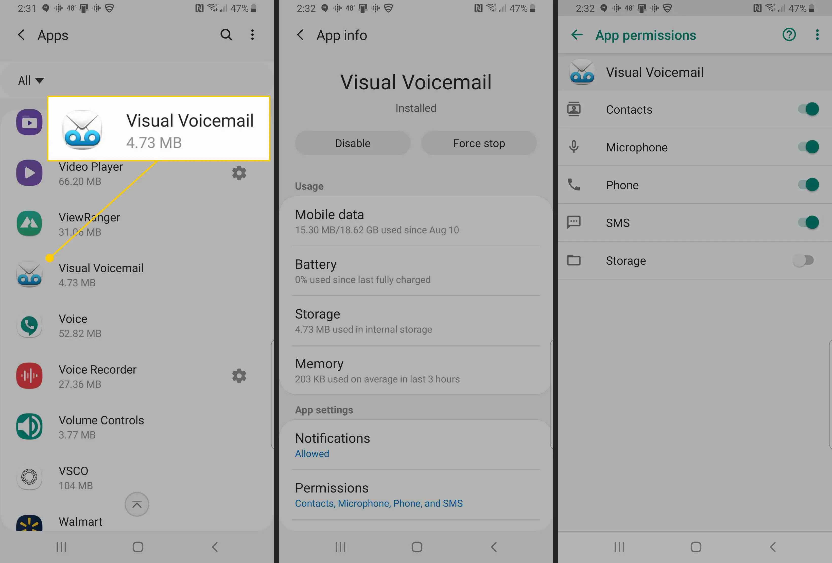 Telas de correio de voz visual no Android
