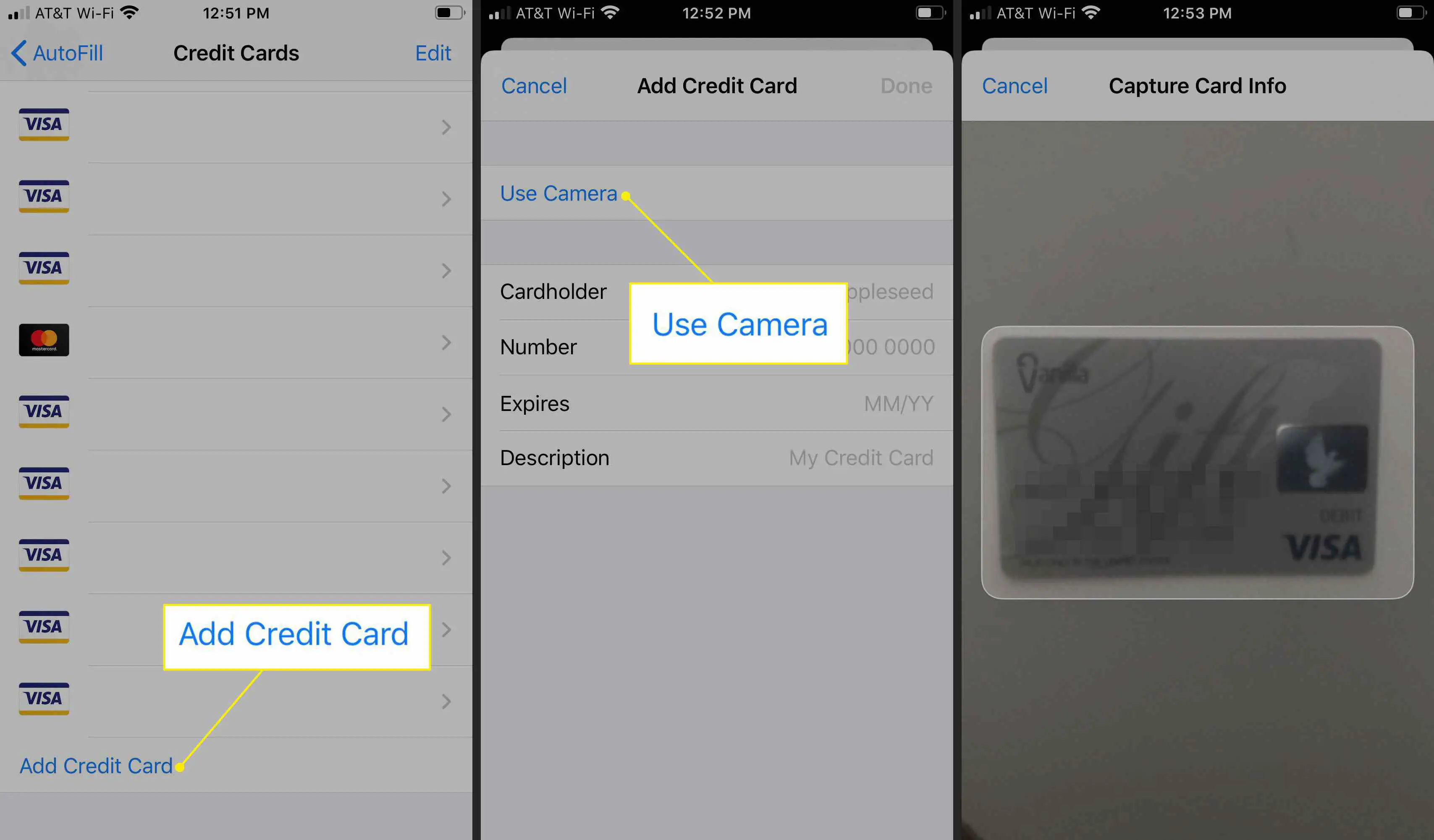 Adicionar um cartão de crédito usando a câmera do iPhone