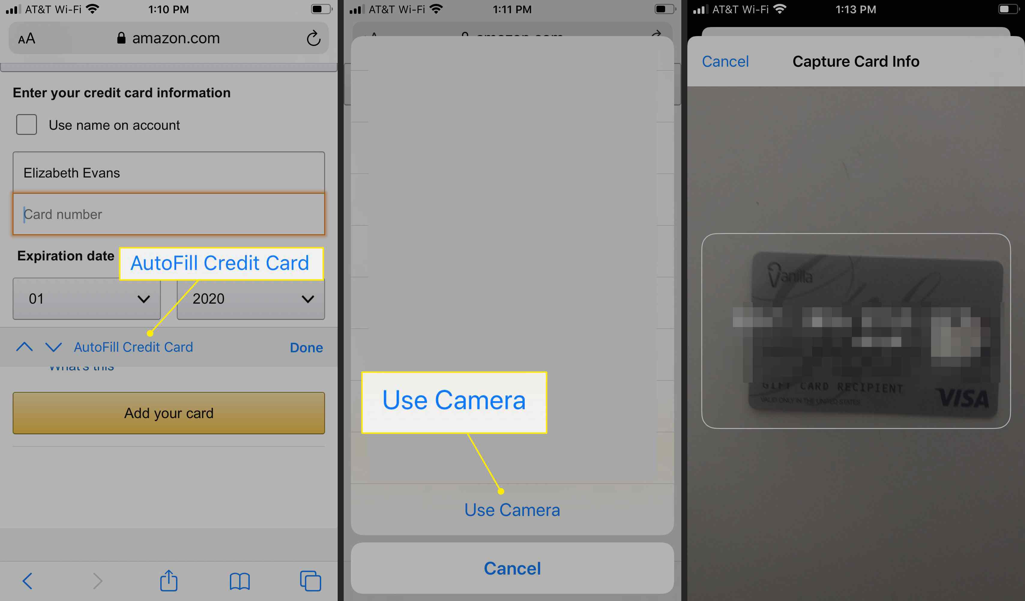 Os comandos "Autopreencher cartão de crédito" e "Usar câmera" em um iPhone