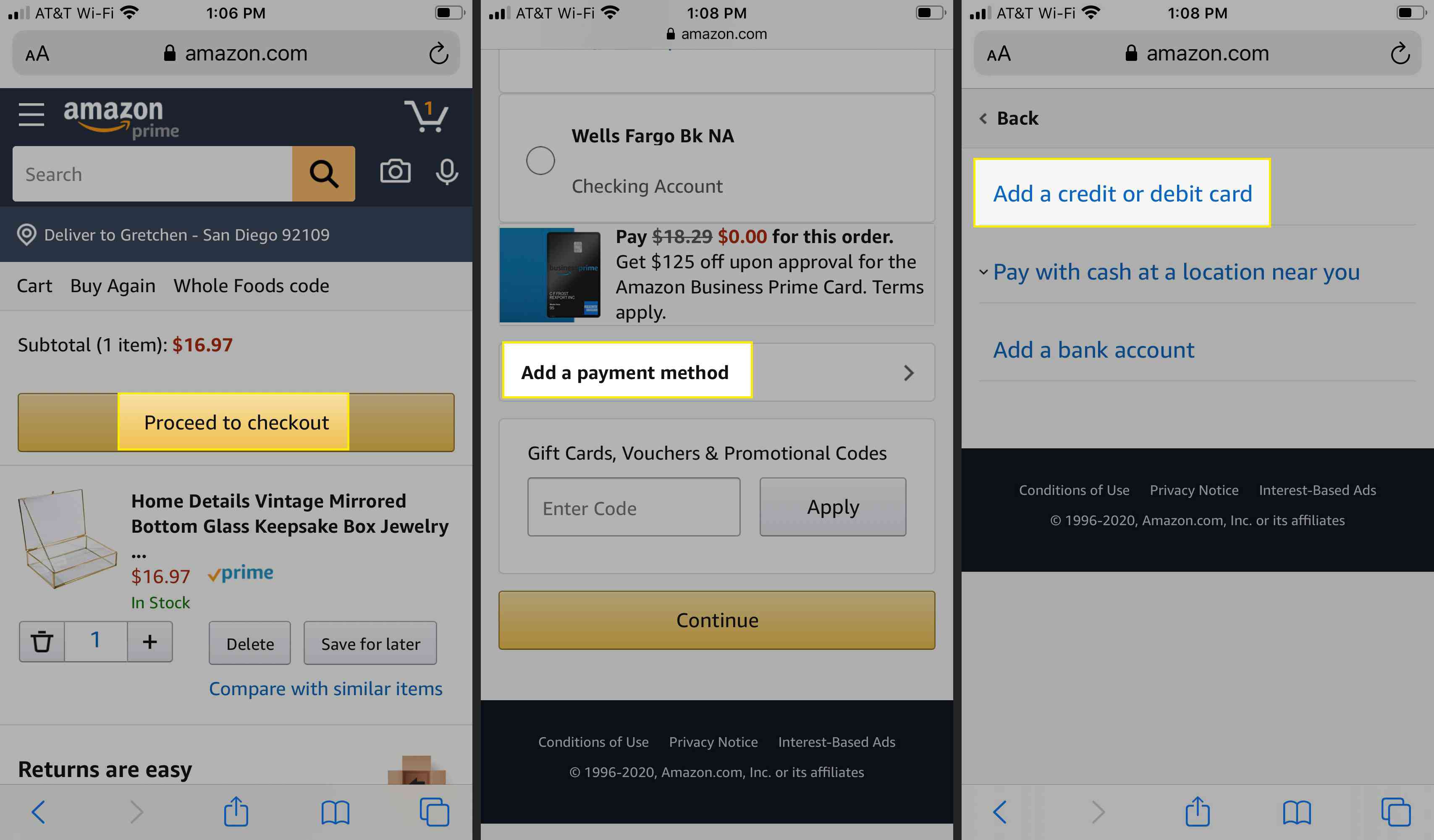 Prossiga para a finalização da compra, "Adicionar uma forma de pagamento" e "Adicionar um cartão de crédito ou débito" no aplicativo Amazon