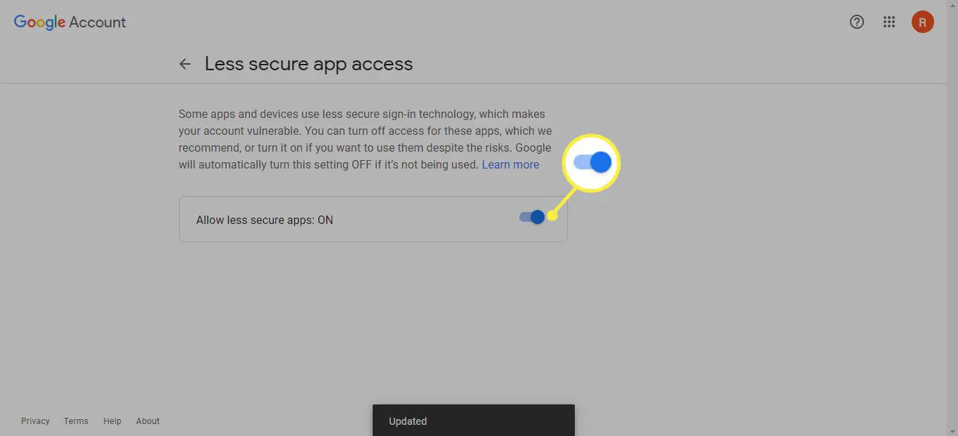 Gmail Permitir aplicativos menos seguros comutador na posição Ativado
