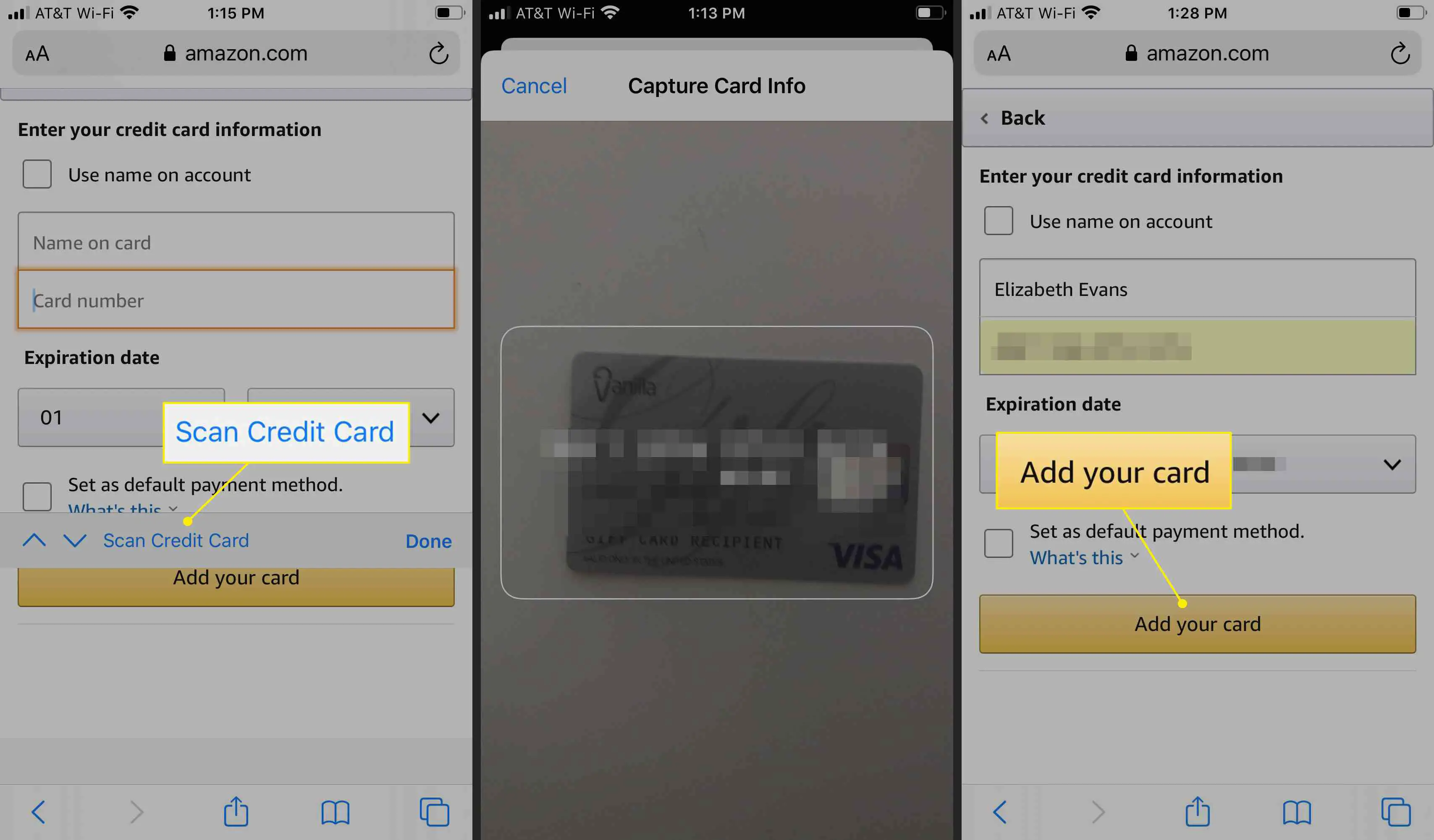 Os comandos "Scan Credit Card" e "Add your card"