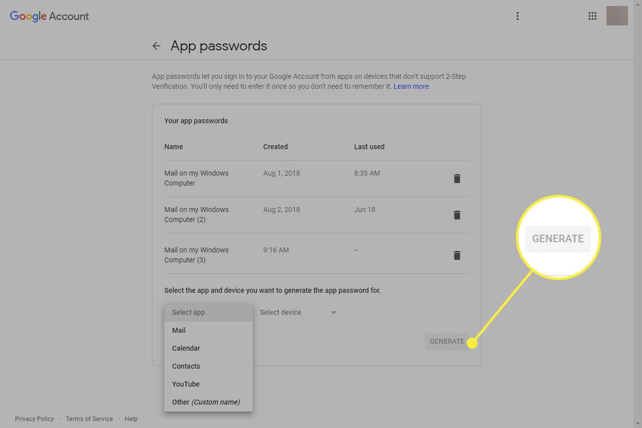 Uma captura de tela da tela de senhas de app do Google com o botão Gerar destacado