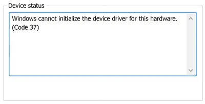 Captura de tela do erro Código 37 do Gerenciador de dispositivos que diz "O Windows não pode inicializar o driver de dispositivo para este hardware"