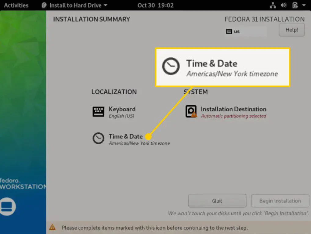 Cabeçalho Hora e Data na tela de instalação do Fedora