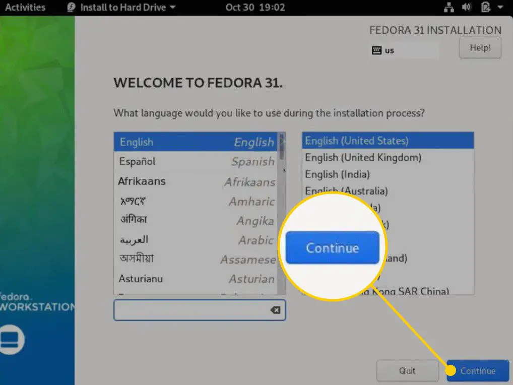 Botão Continuar na tela de seleção de idioma para o Fedora
