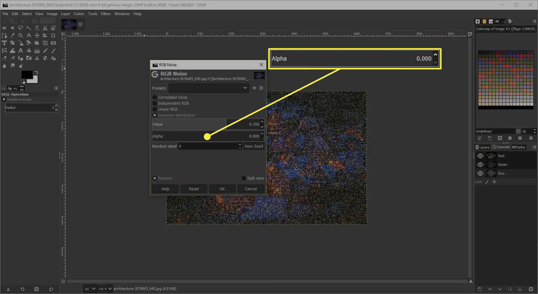 Uma captura de tela da janela RGB Noise do GIMP com o controle deslizante Alpha destacado