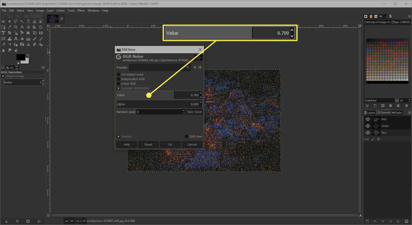Uma captura de tela da janela RGB Noise do GIMP com o controle deslizante Value destacado