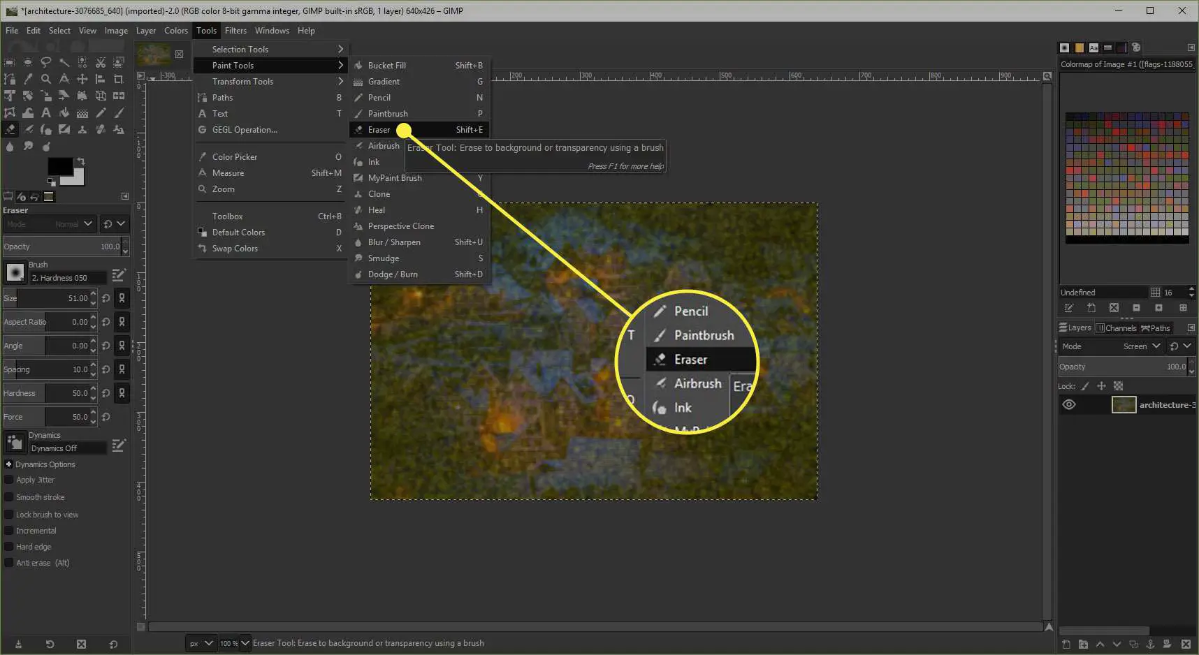 Uma captura de tela do GIMP com a ferramenta Borracha destacada