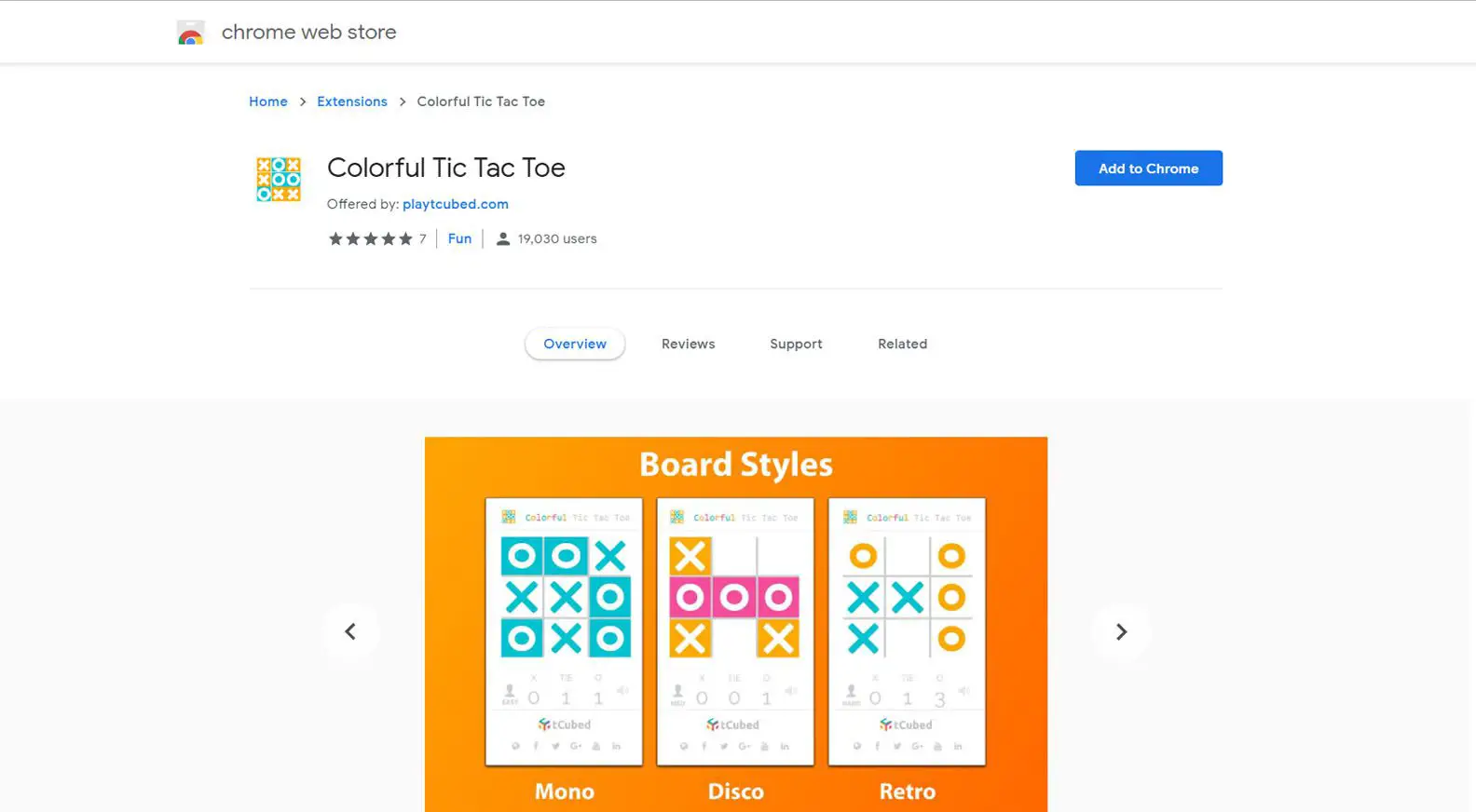 Chrome Web Store com a extensão Tic Tac Toe colorida selecionada