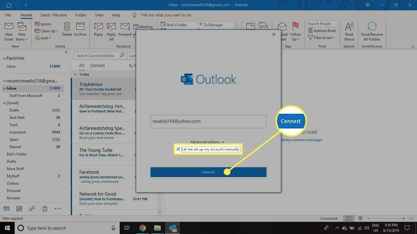 Uma captura de tela da tela Adicionar conta do Outlook com a opção manual e o botão de conexão destacados