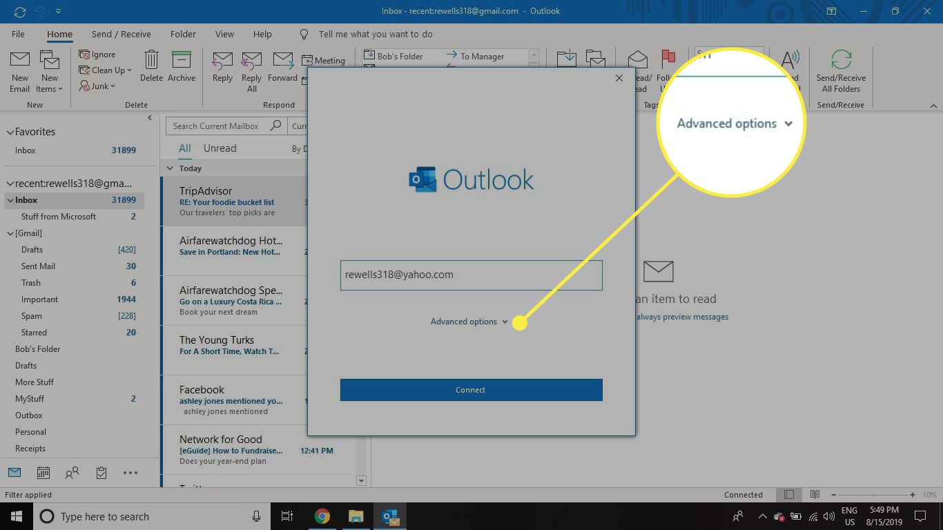 Uma captura de tela da janela Adicionar conta do Outlook com o botão Opções avançadas destacado