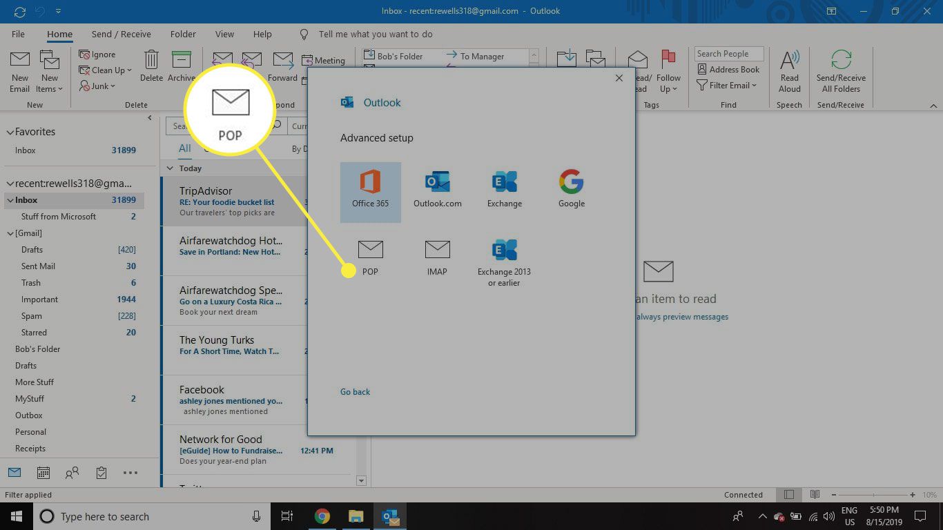 Uma captura de tela da tela Adicionar conta do Outlook com a opção POP destacada
