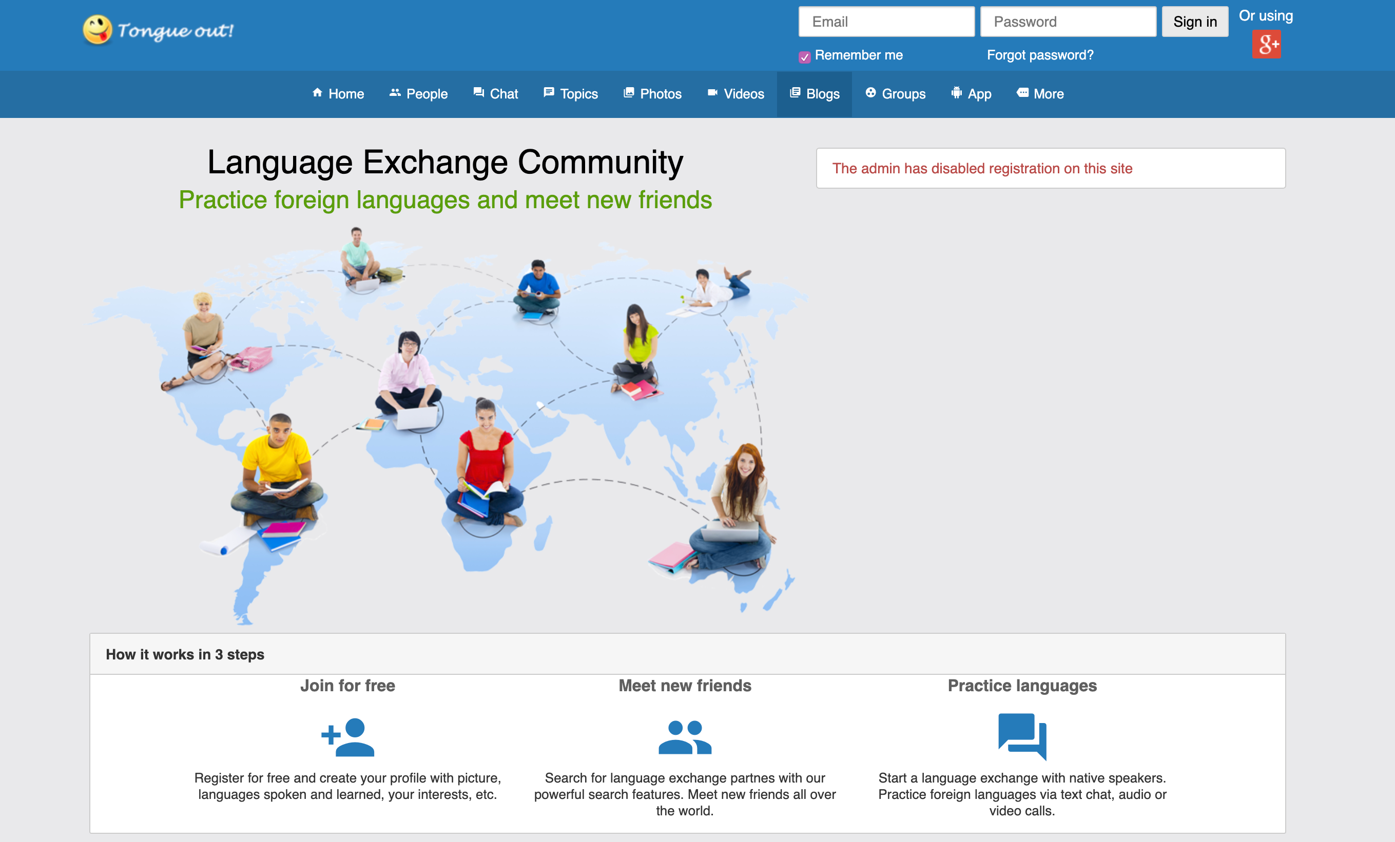 Captura de tela do site Toungueout.net para aprender idiomas.