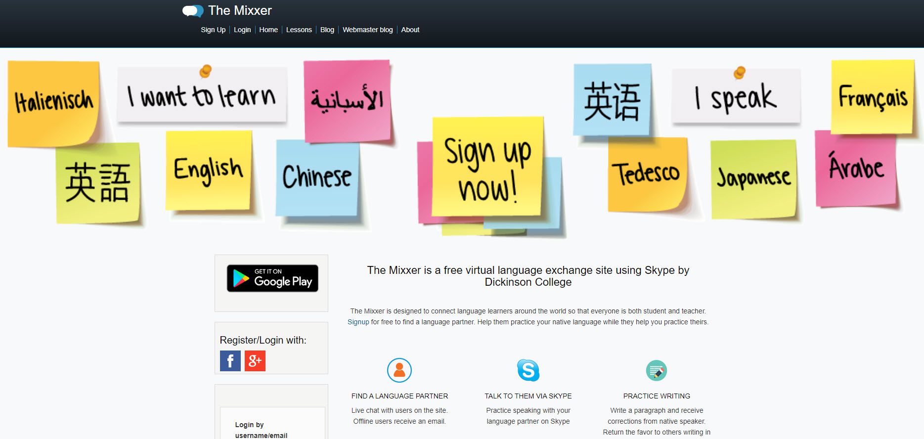 Captura de tela do site The Mixxer para aprender idiomas.
