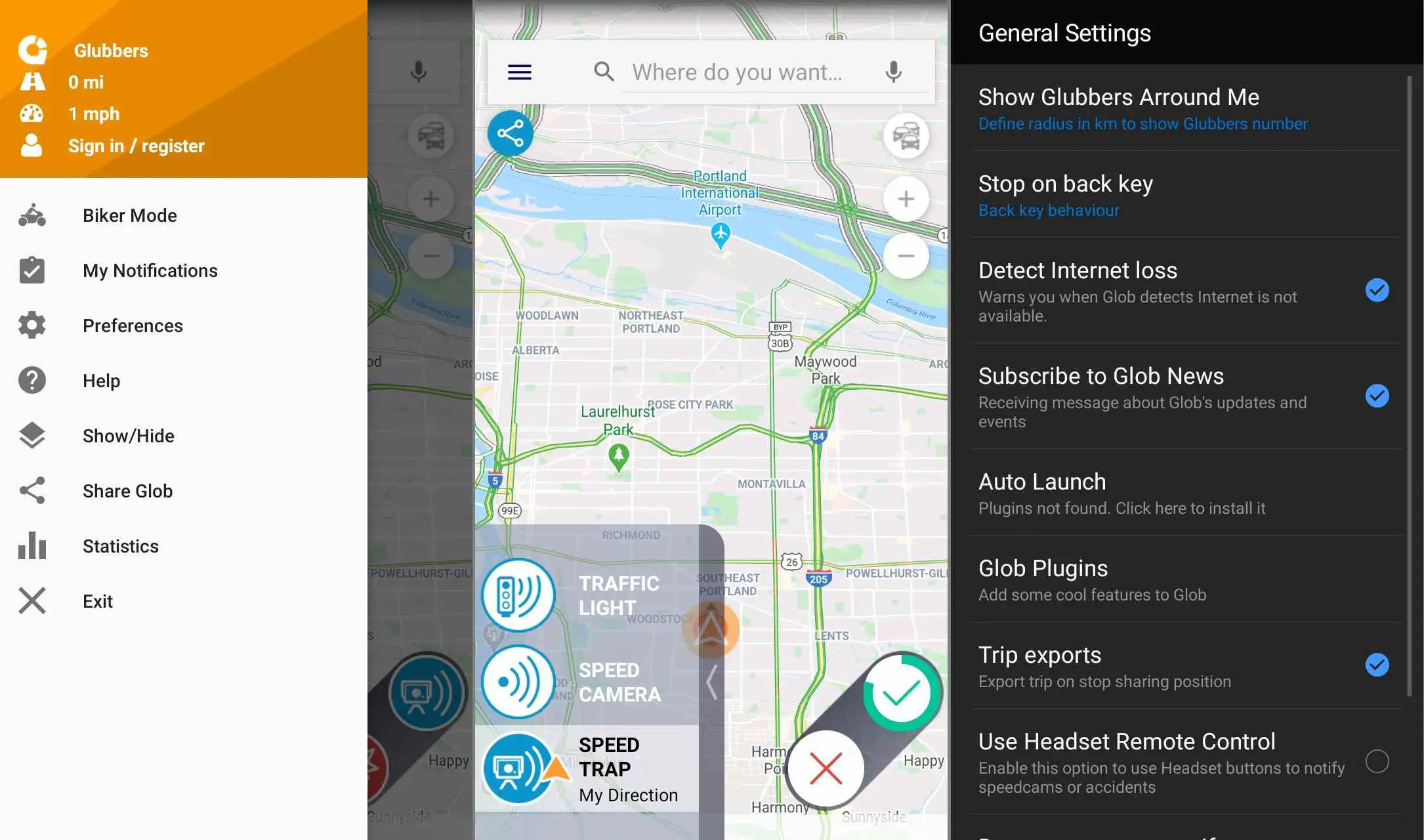 Aplicativo Glob para Android (GPS, tráfego, radar e limites de velocidade)