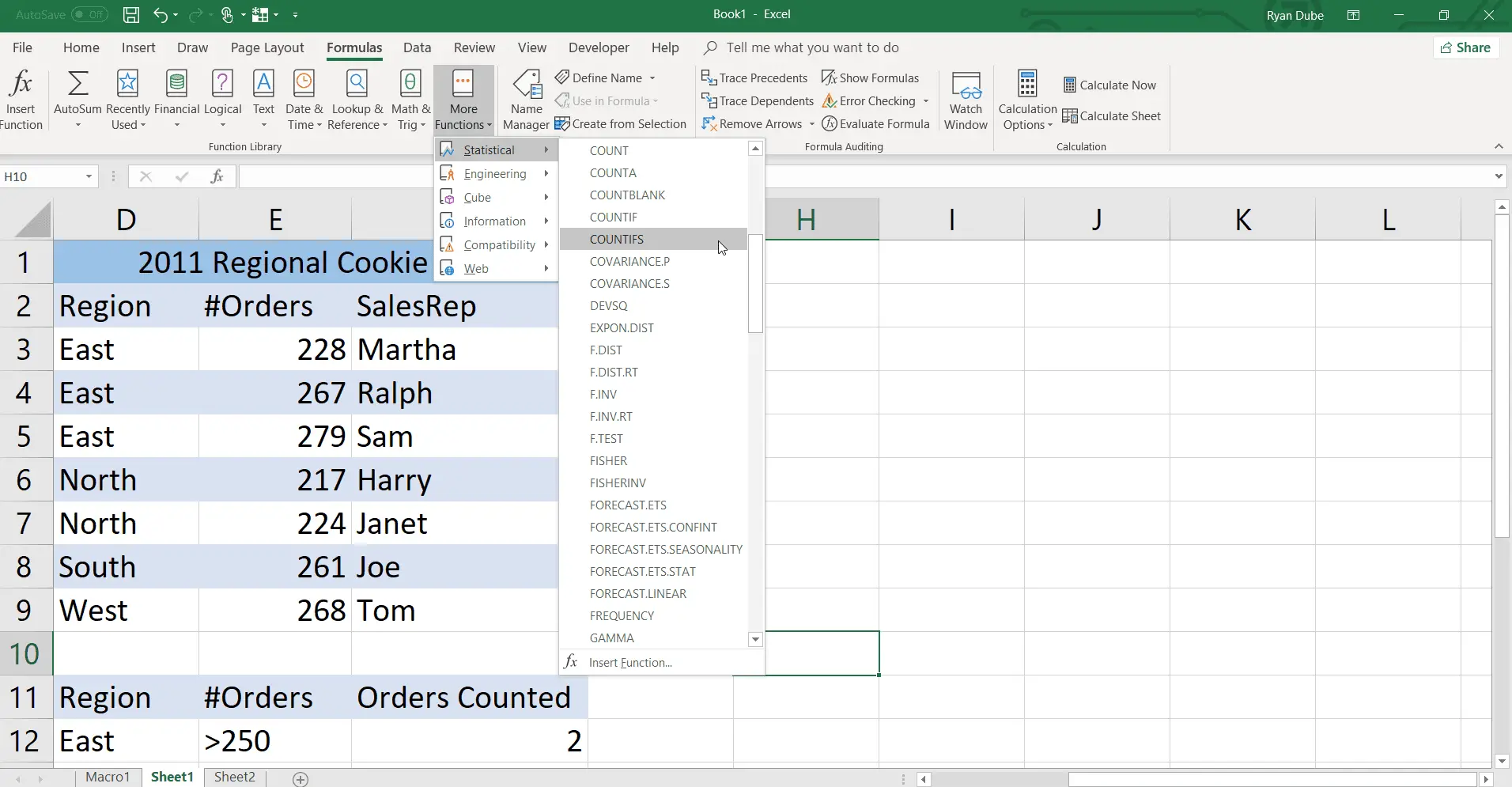 Uma captura de tela da escolha da função COUNTIFS no menu do Excel.