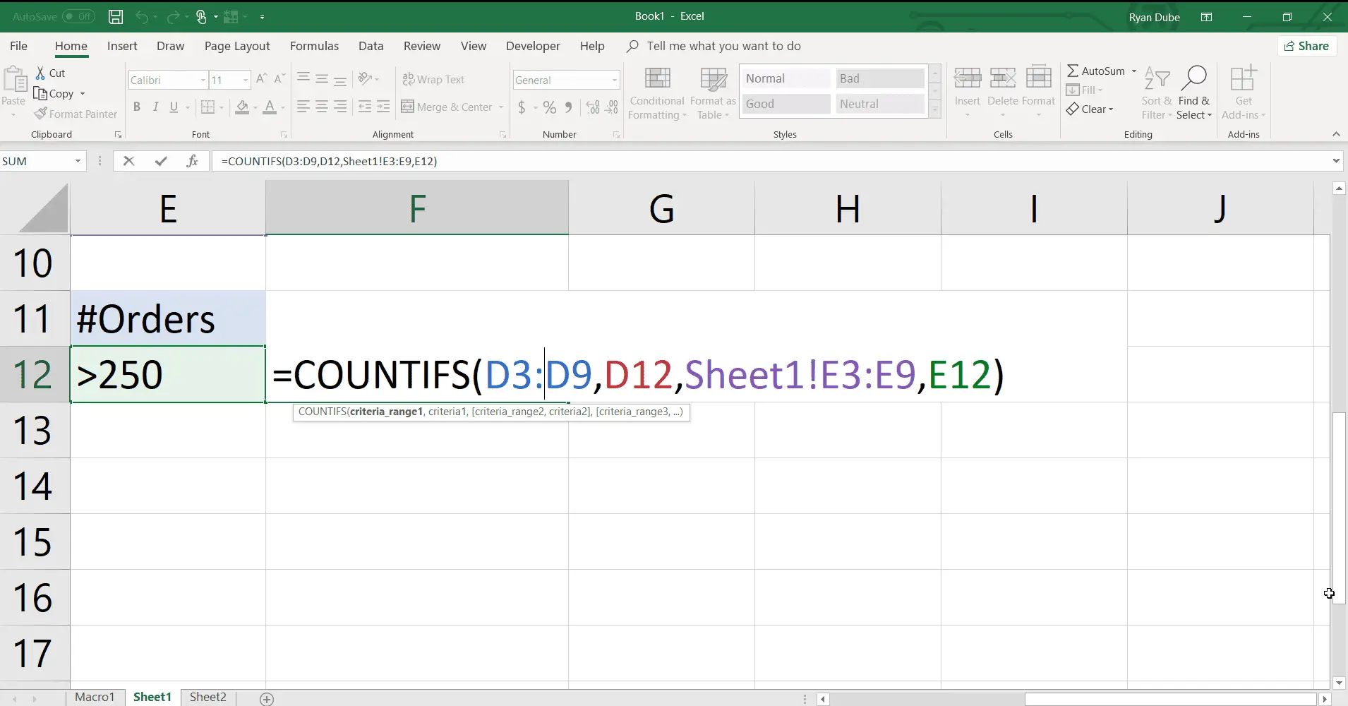 Uma captura de tela da sintaxe da função COUNTIFS.