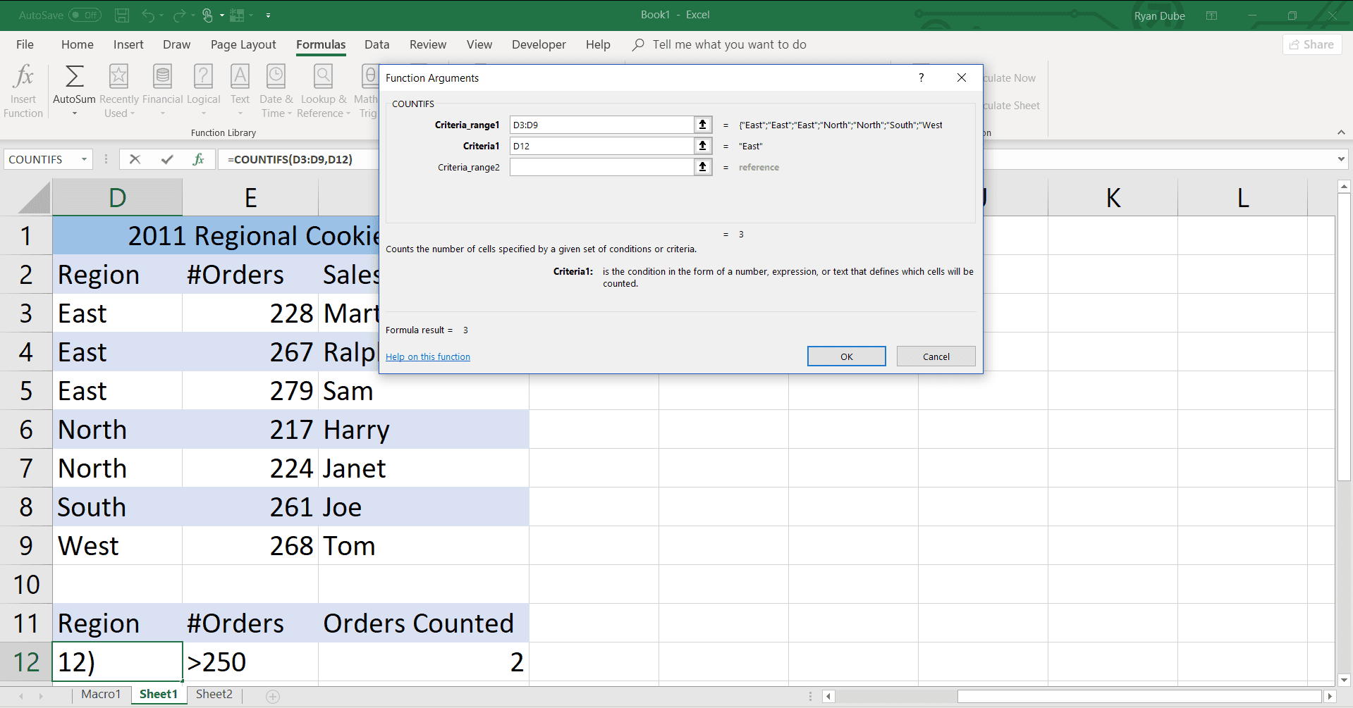 Uma captura de tela mostrando os critérios de entrada na função COUNTIFS.