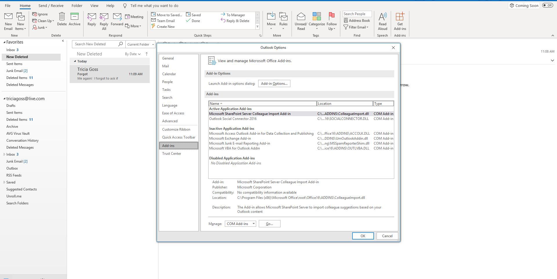 Captura de tela da guia de suplementos de opções do Outlook