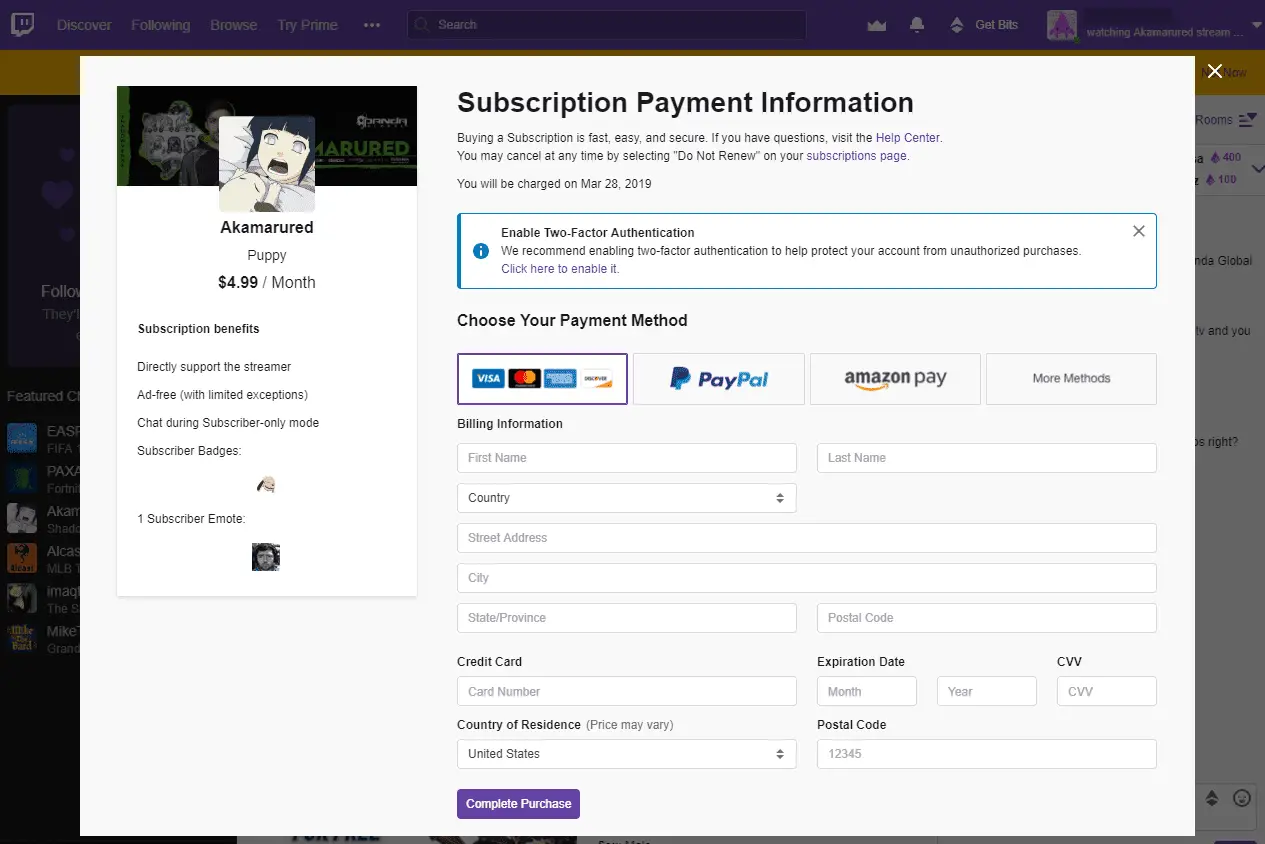 Página de informações de pagamento de assinatura do Twitch para Akamarured