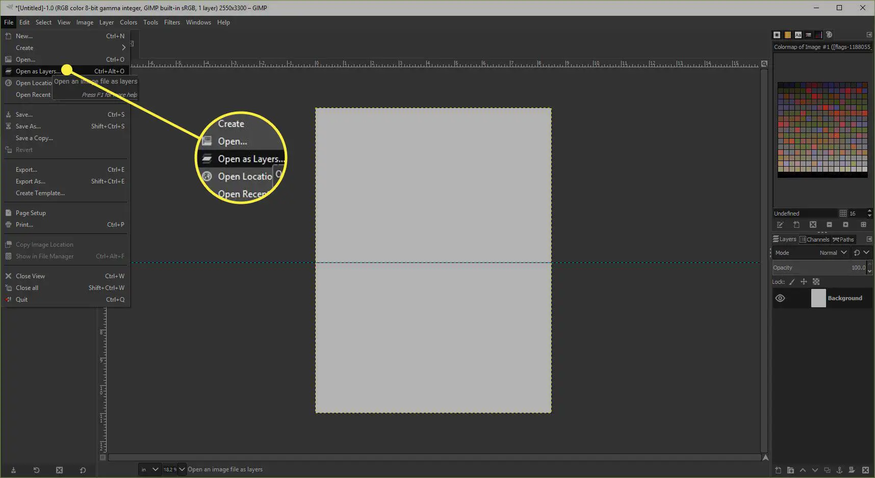 Uma captura de tela do GIMP com o comando Abrir como camadas destacado