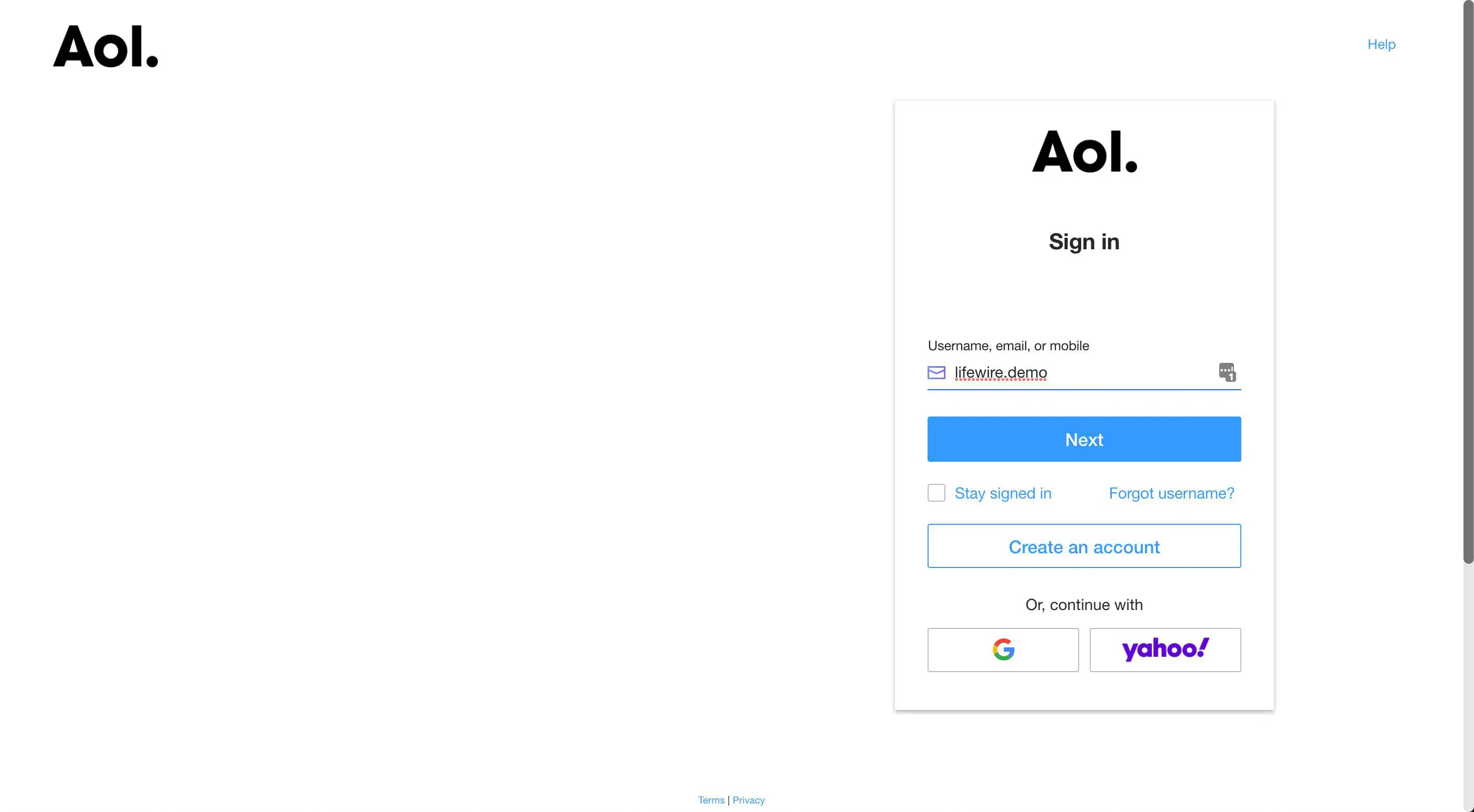 A tela de login da AOL