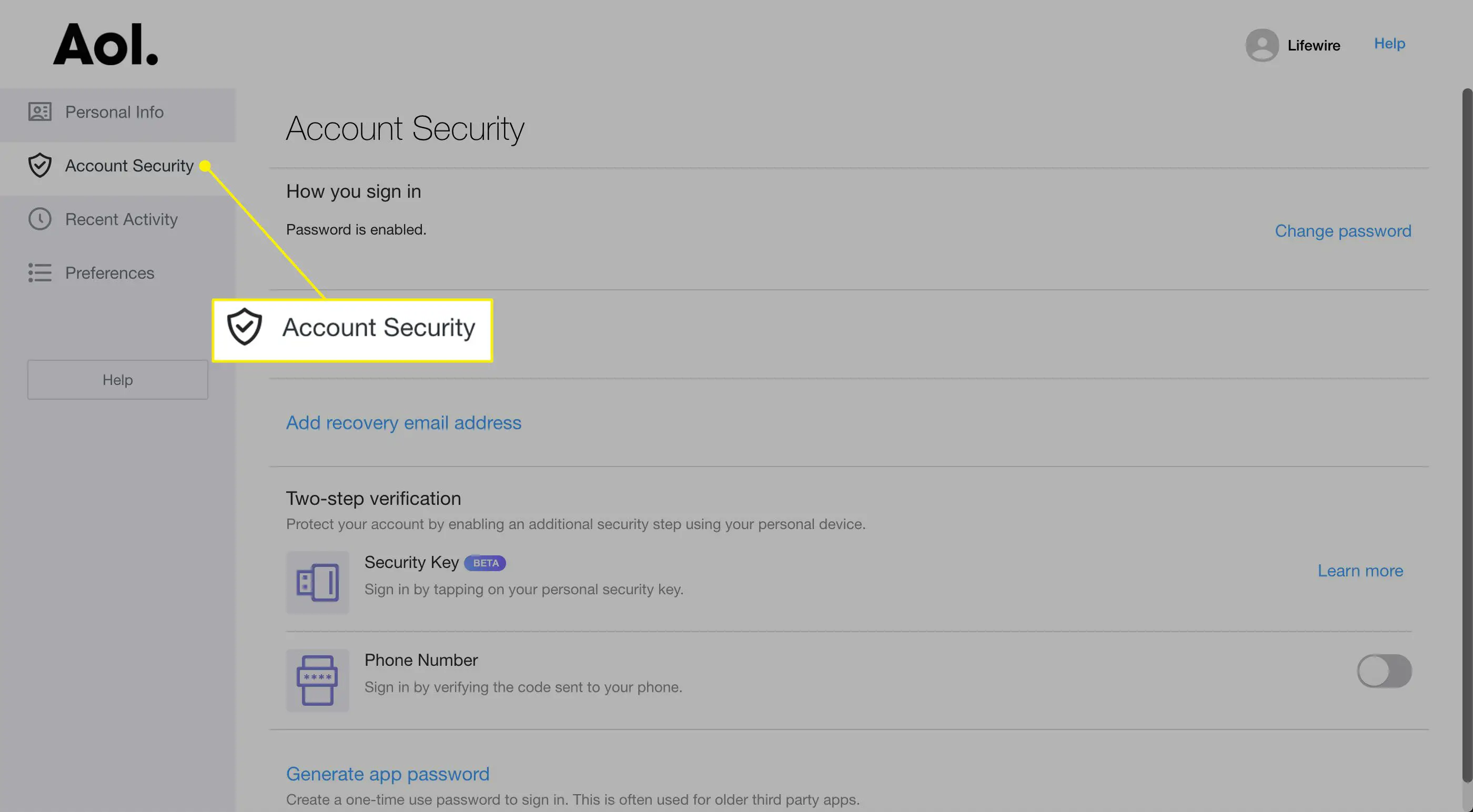 Título de segurança da conta nas configurações do AOL
